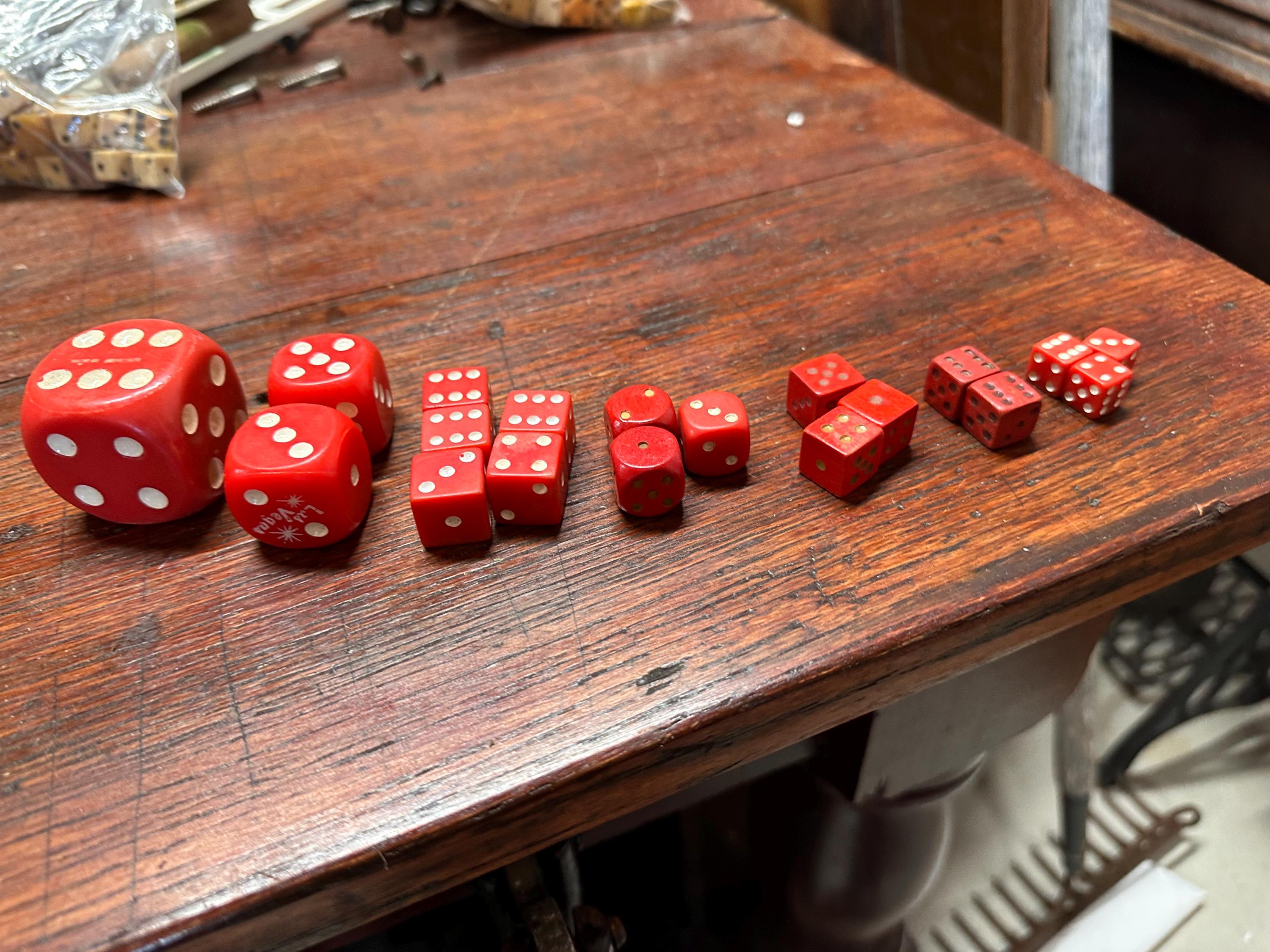 Lot of 19 Vintage Assorted Red Dice, Wood and Other Mixed