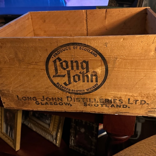 Vintage Old Long John Blended Scotch Whisky Wooden Shipping Box, Glasgow, Scotland, Approximately 16 3/4 x 11 3/4 x 8 1/2