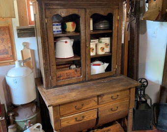 Beautiful Antique Possum Belly Bakers Table and Top Shelf, Original Finish, Two Flour Bins, Two Drawers