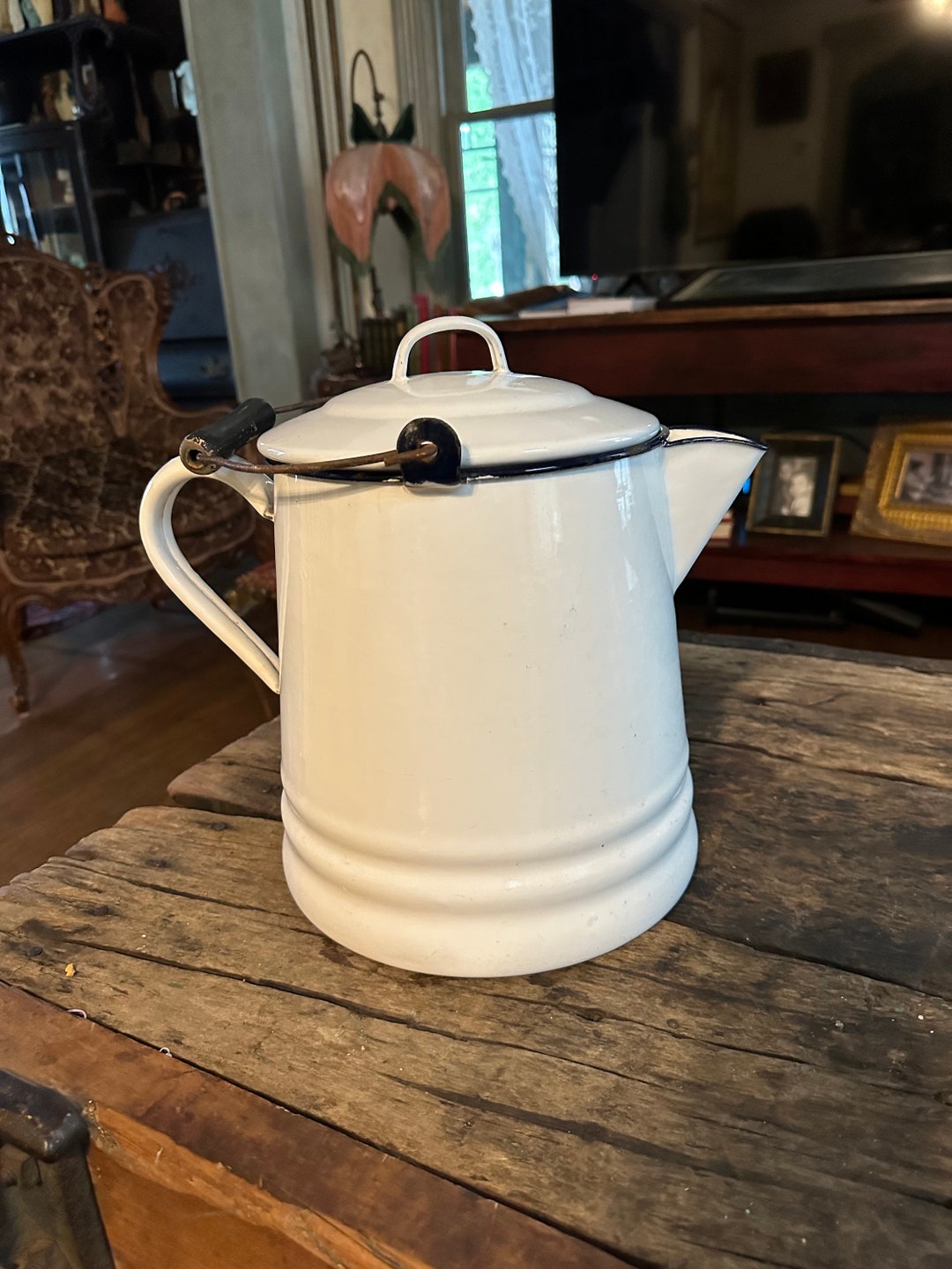 Cowboy Camp Coffee Pot Extra Large Vtg Antique Black White Etsy
