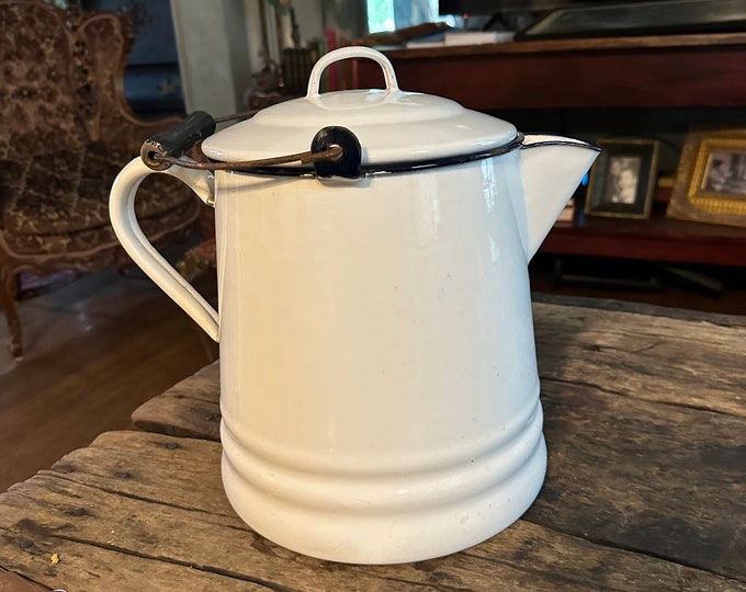 Cowboy Camp Coffee Pot Extra Large Vtg Antique Black White Enamel