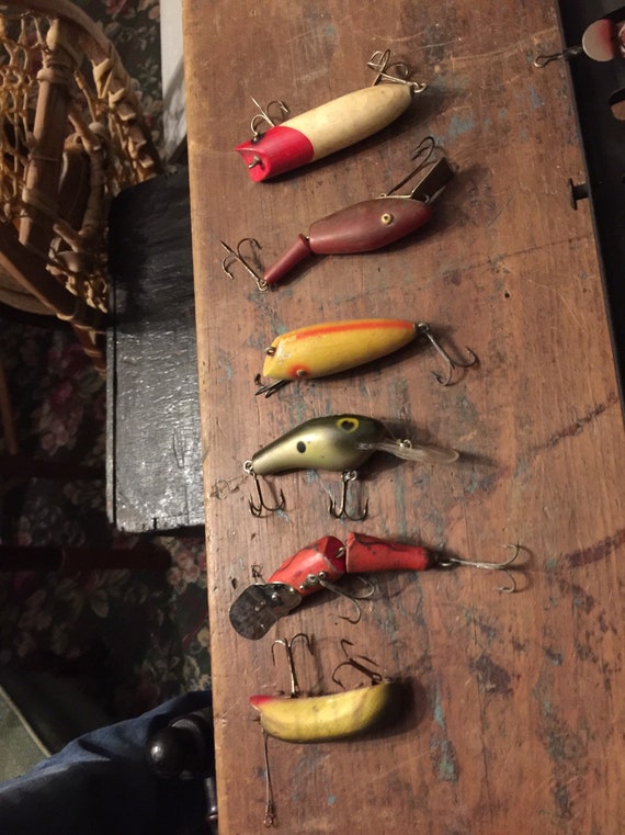 Set of 6 Antique/vintage Fishing Lures, Tackle, Gear, Freshwater,  Saltwater, Fishing, Folk Art, Handmade, Bait, Listing is for Set of Six 