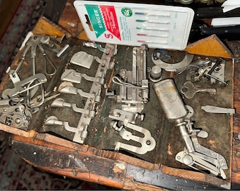 Antique Singer Puzzle Box Assorted Attachments and Bobbin Accessory Kit