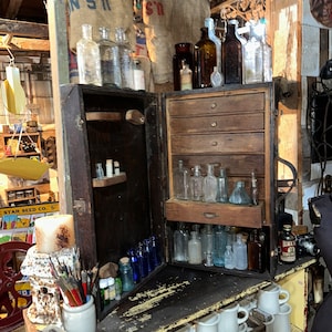 Antique Tool Box Trunk With Drawers, Wood, Primitive Chest, Usable Storage, Display Piece, Bottles sold separately