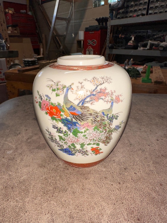 Vintage Satsuma Floral Peacock Vase Crazed Enamel Gold Finish