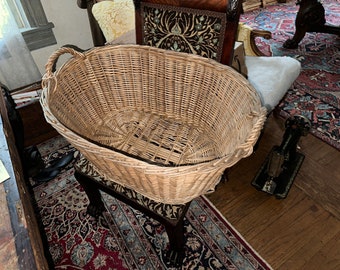 Vintage Basket Wicker Rattan Laundry Basket, Farm House, Approximately 29 1/2 X 21 1/2 X 13