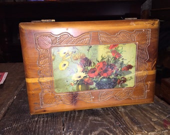 Vintage, Antique Cedar Jewelry, Keepsake Box, Ornate With Picture of Flower Vases