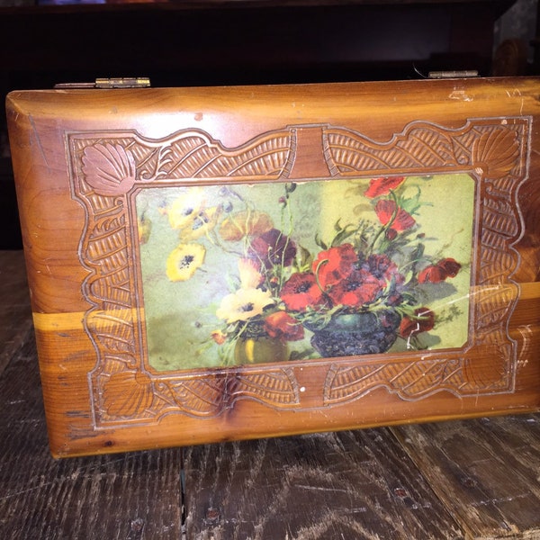 Vintage, Antique Cedar Jewelry, Keepsake Box, Ornate With Picture of Flower Vases