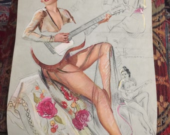 Vintage Copy of Pinup Woman Off Artists Sketch Pad, Approx 14 x 9 1/4" Copy of 1947 Calendar Page, not the original