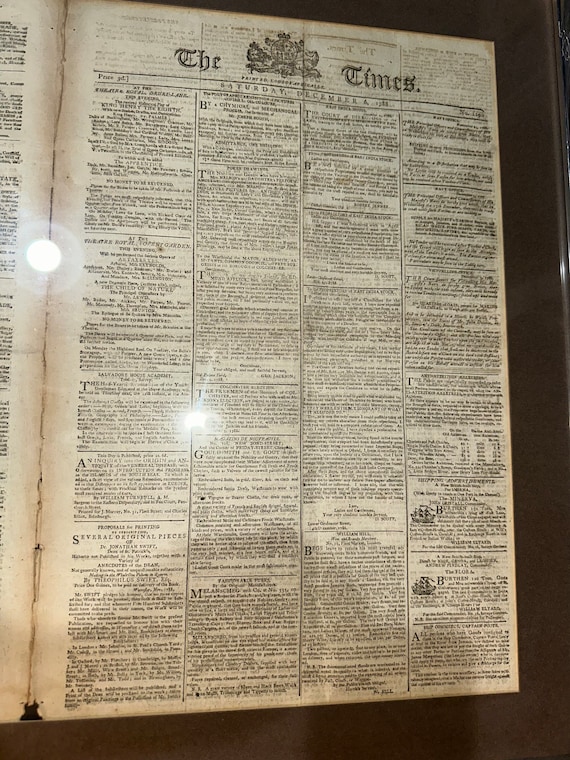 The Times, London Newspaper Dated December 6th 1788, Framed, Very