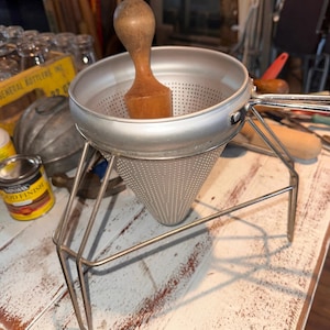 Vintage Cone Sieve Tomato Strainer Colander Ricer Food Prep, With Wood Pestle