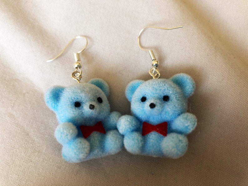 Fuzzy Yellow/Pink/Blue Teddy Bear Earrings Pastel Flocked Etsy