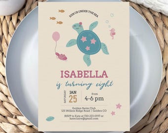 Sea Turtle Birthday Invitation, Under the Sea Girl Invite, Pool Party (Digital Download)