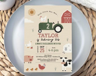 Farm Animals Birthday Invitation, Green Tractor, Barnyard Party, Editable Template (Digital Download)