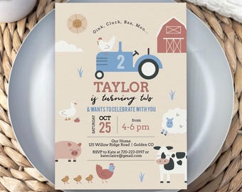 Farm Animals Birthday Invitation, Blue Tractor, 2nd Boy Barnyard Party (Digital Download)