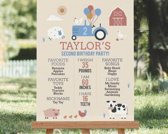 Farm Animals Birthday Milestone Sign, Barnyard Boy Party Poster, Editable, Blue (Digital Download)