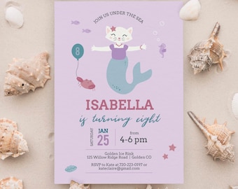 Cat Mermaid Birthday Invitation, Purrmaid Kitty Party, Pool Swim, Editable Corjl Template, (Digital Download)