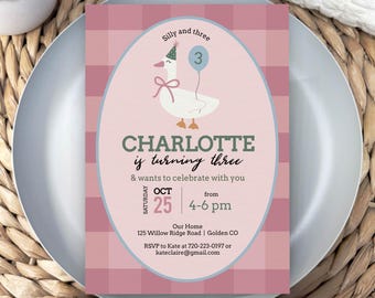 Silly Goose Girl 3rd Birthday Invitation, Editable Corjl Template, (Digital Download)
