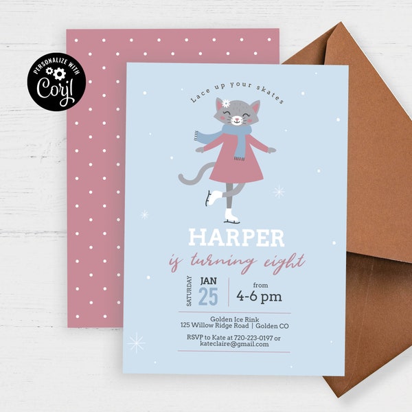 Editable Ice Skating Birthday Party Invitation, Silver Cat, 6th 7th 8th 9th 10th, girl birthday, Download, Corjl Template Printable