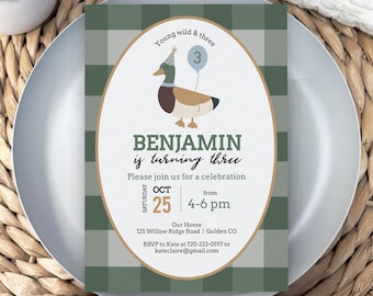 Mallard Duck Birthday Invitation, Young Wild Three, Editable Corjl Template (Digital Download)