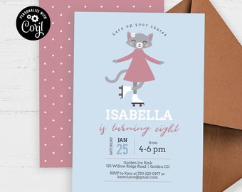 Editable Roller Skating Birthday Party Invitation, Silver Cat, 6th 7th 8th 9th 10th, girl birthday, Download, Corjl Template Printable