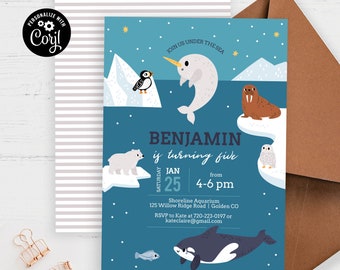 Editable Narwhale Arctic Sea Animals Birthday Party Invitation, Winter, 5th, 8th, 10th, birthday, Download, Corjl Template Printable, Evite