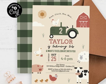 Editable Farm Animals Birthday Party Invitation, Boy Barnyard, Download, Corjl Template Printable evite