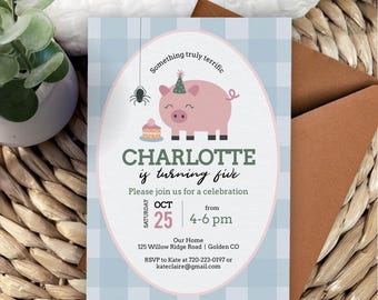 Pig Spider Web Birthday Invitation, Storybook Farm Animals, Editable Template (Digital Download)