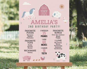 Farm Animals Birthday Milestone Sign, Barnyard Girl Party Poster, Editable, Pink (Digital Download)