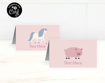 Editable Farm Animals Food Tents Birthday Party, 2.5x3 card, 1st, 2nd, Girl Barnyard, Download, Corjl Template Printable