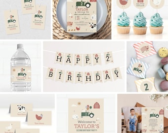 Farm Animals Birthday Invitation Bundle, Boy Tractor Barnyard Party Decor, Green (Digital Download)