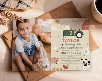 Farm Animals Birthday Party Invitation Photo, Boy Barnyard, Editable Corjl Template, (Digital Download)