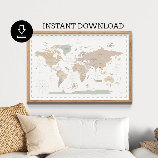 Digital File World Map printable, warm neutral colors, ocean sea, cottage, Map World, Large World map digital download, 18x24, 20x30, 24x36