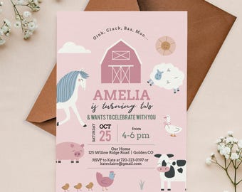 Farm Animals Birthday Party Invitation, Girl Barnyard, Horse, Download, Corjl Template Printable, (Digital Download)