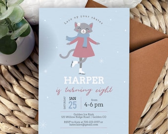 Cat Ice Skating Birthday Invitation, Editable Cat Party Invite, Corjl Template (Digital Download)