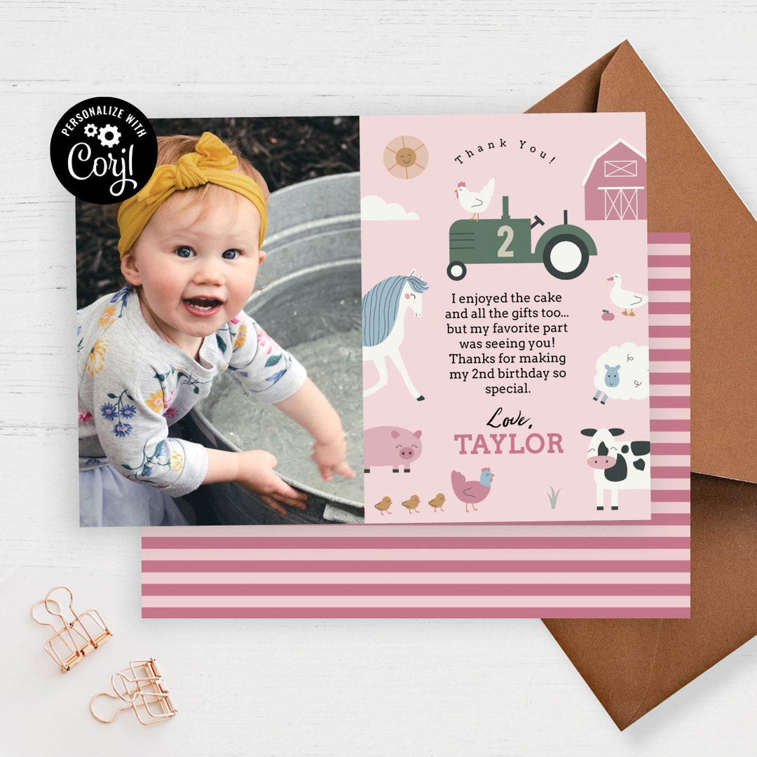 Editable Farm Animals Birthday Party Thank You Card Photo, Girl ...