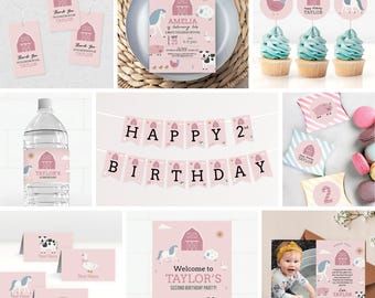 Farm Animals Birthday Invitation Bundle, Girl Barnyard Party Decor, Template, Editable (Digital Download)
