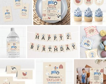 Farm Animals Birthday Invitation Bundle, Boy Tractor Barnyard Party Decor, Blue (Digital Download)