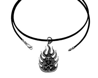 925 Sterling Silver Skull & Cross Bones, 24" Black Leather Cord, Lobster Claw