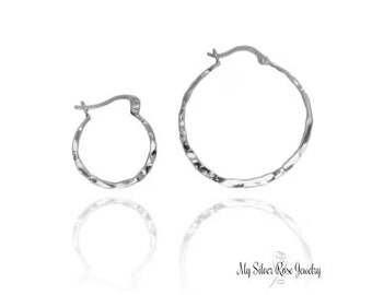 Select 1 inch or 1.37 inch.  .925 Sterling Silver Hammered Hoop Earrings, Hinged Closure, Lead & Nickel Free. Anti-Tarnish Finish
