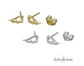 Tiny .925 Sterling Silver Angel Wing Stud Earrings, Gold Vermeil Option
