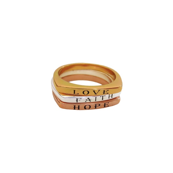 3 Piece Set Inspirational Love, Hope and Faith Bands.  Yellow Gold, Rose Gold and Silver over Brass
