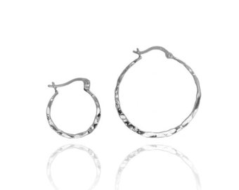 .925 Sterling Silver Flat Hammered Hoop Click Clasp Earrings 25mm 