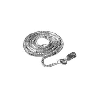 May include: A silver chain necklace with a box chain design and a lobster clasp.