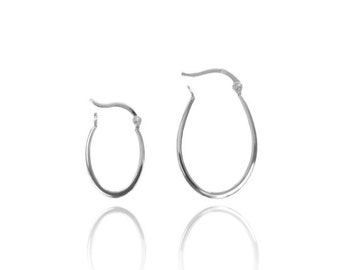 925 Sterling Silver Flat Polished Oval Hoops, Hinged Closure, Anti-tarnish Finish, Two Sizes