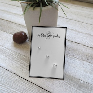 3mm, 4mm, and 5mm Ball Studs, Single Piece of Each in .925 Sterling Silver with Rubber Push Backs, Earlobe or Cartilage Piercing, Gift Boxed