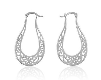 Vintage .925 Sterling Silver Large Oval Filigree Hoops With Polished  Anti-tarnish Finish,