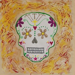 Dag van de Doden, Día de los Muertos handbeschilderd wandkleed, spandoek en altaarkleed. Mexicaanse kunst, suikerschedelkunst