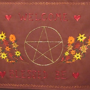 Blessed Be and Welcome hand painted wall hanging and altar cloth. Pagan and Wiccan greeting,Pentacle banner, Meditation, Metaphysical banner