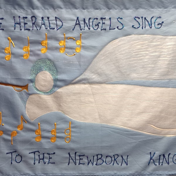 Guardian Angel Painting, Banner and Wall Hanging, Hark the Herald hand painted Angelic Christmas carol art, prayer flag